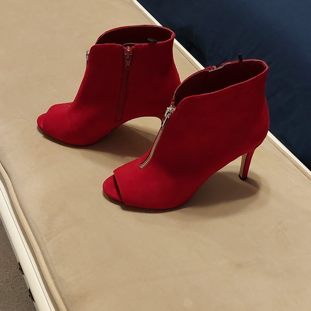 Red open toe heels with side zipper